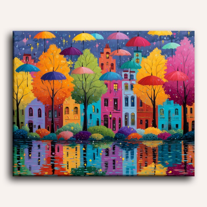 Colorful Buildings & Umbrellas | Paint by Numbers