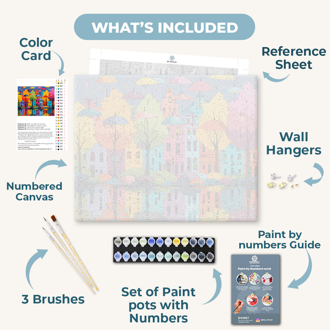 Colorful Buildings & Umbrellas | Paint by Numbers