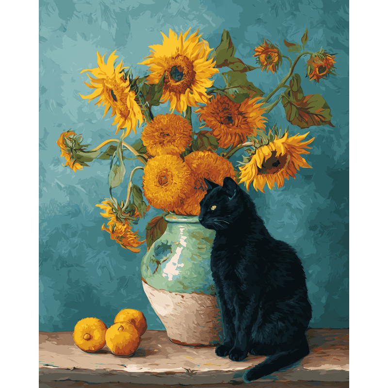 Famous Sunflowers and a Black Cat | Paint by Numbers