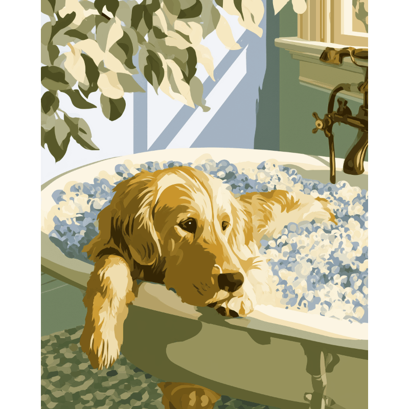 Golden Retriever in the Bath | Paint by Numbers