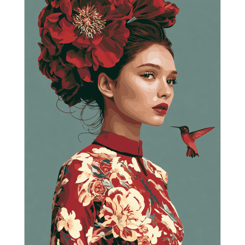 Scarlet Blossom Muse | Paint by Numbers