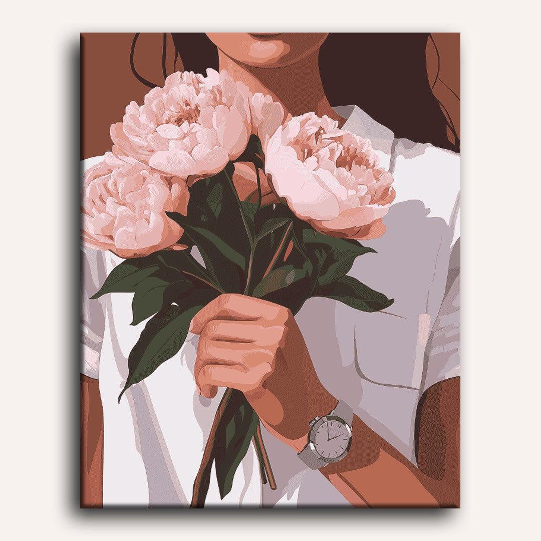Woman Holding Peonies | Paint by Numbers