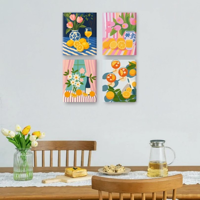 4 Mini Paintings | Flowers & Drinks Set