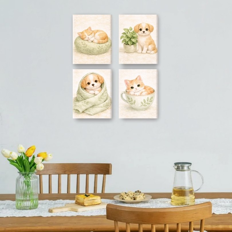 4 Mini Paintings | Cute Dog & Cat Set