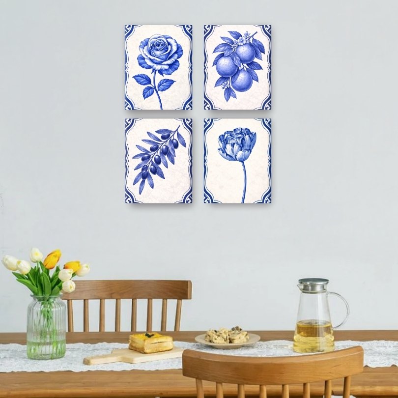 4 Mini Paintings | Delft Blue Plants Set