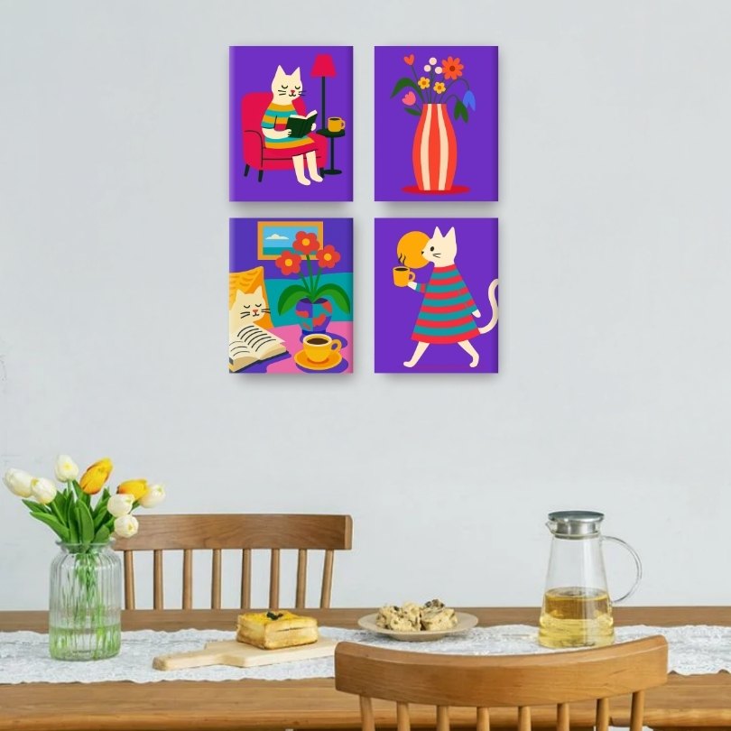 4 Mini Paintings | Cozy Cat Life Set