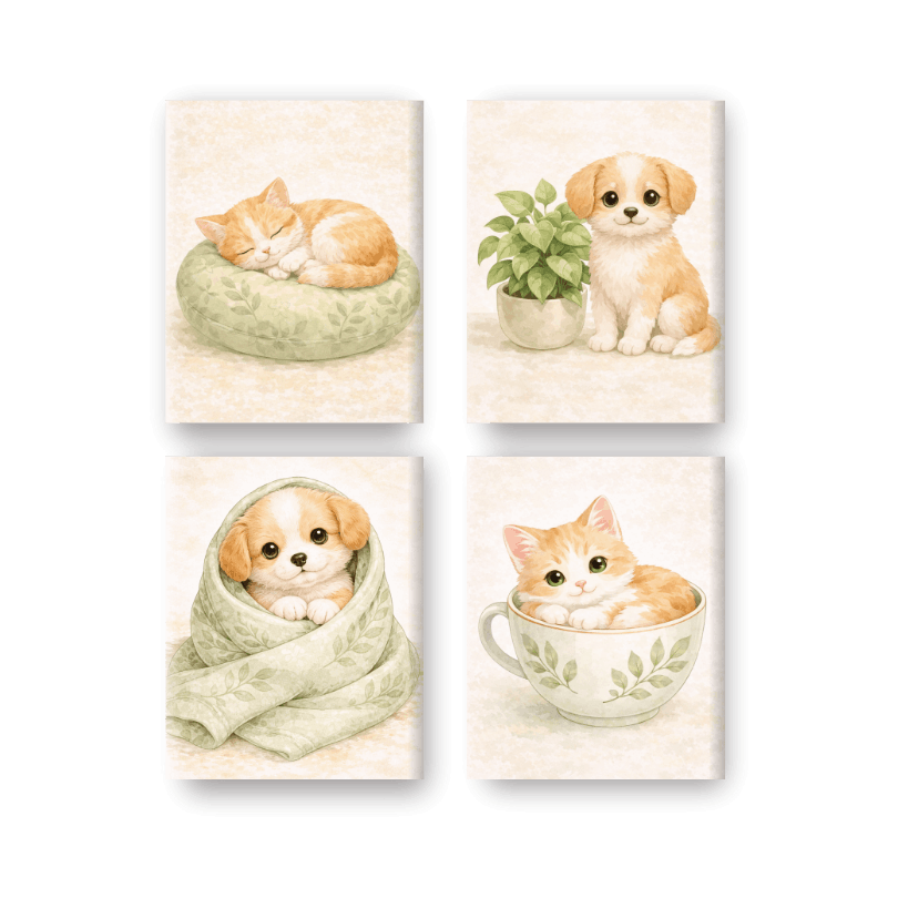 4 Mini Paintings | Cute Dog & Cat Set
