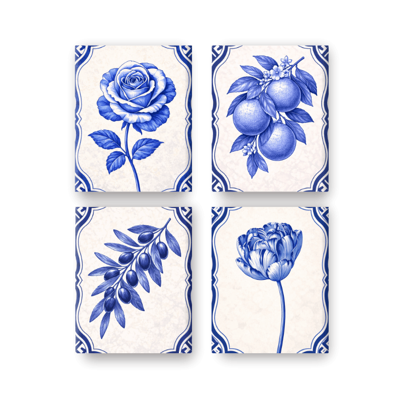 4 Mini Paintings | Delft Blue Plants Set