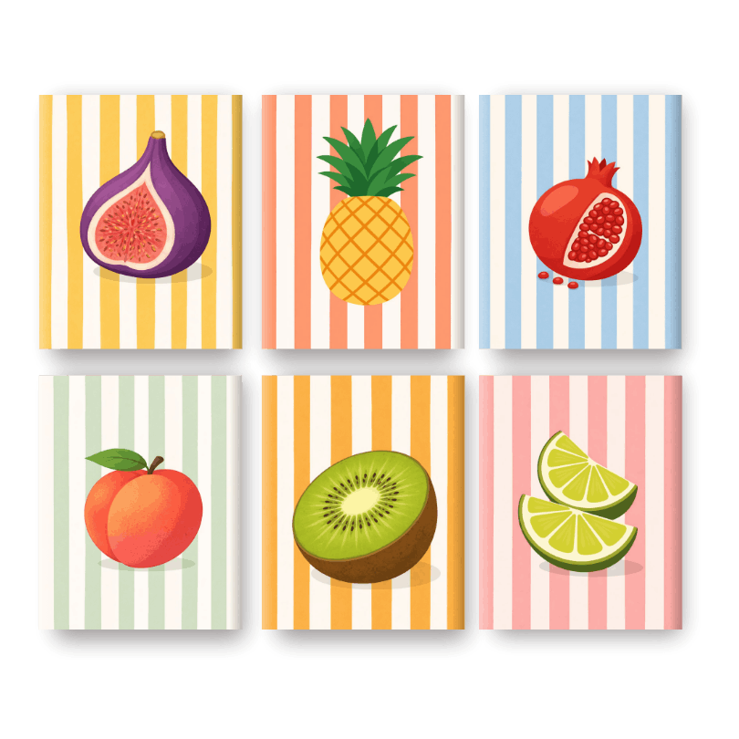 6 Mini Paintings | Striped Fruits Set
