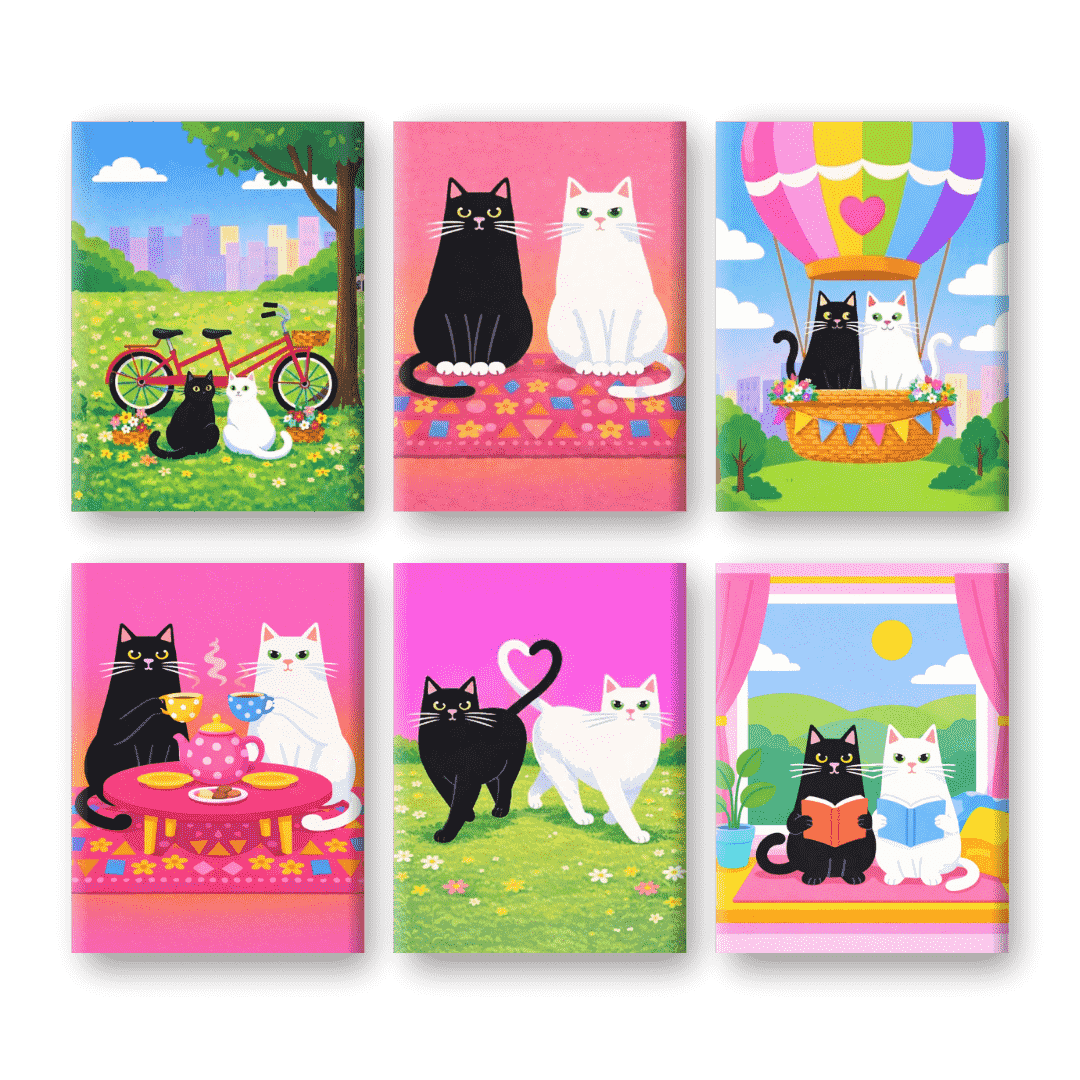 6 Mini Paintings | Cats in Love Set