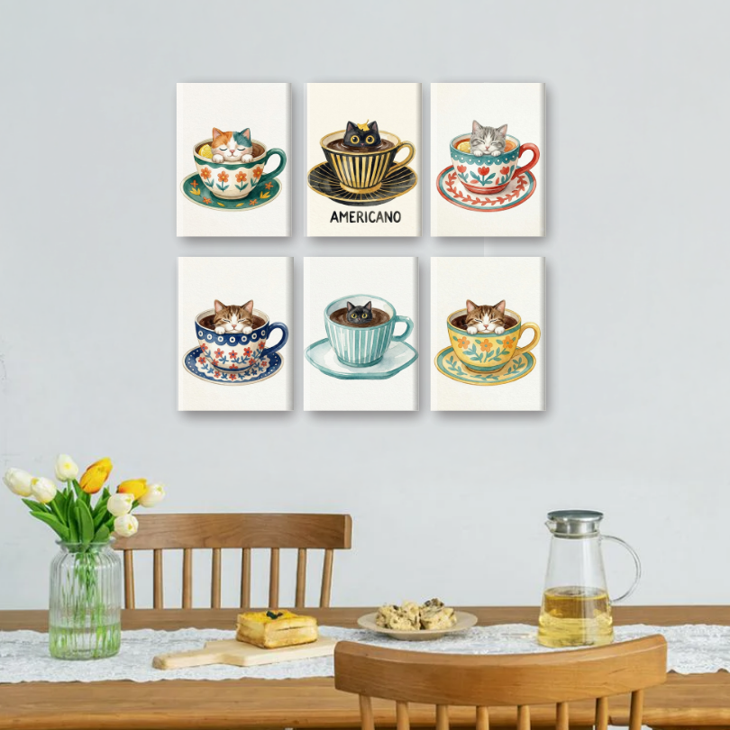 6 Mini Paintings | Cats in Cups Set