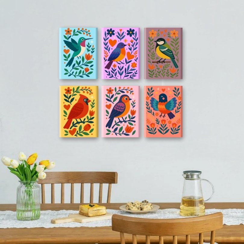 6 Mini Paintings | Colorful Birds Set