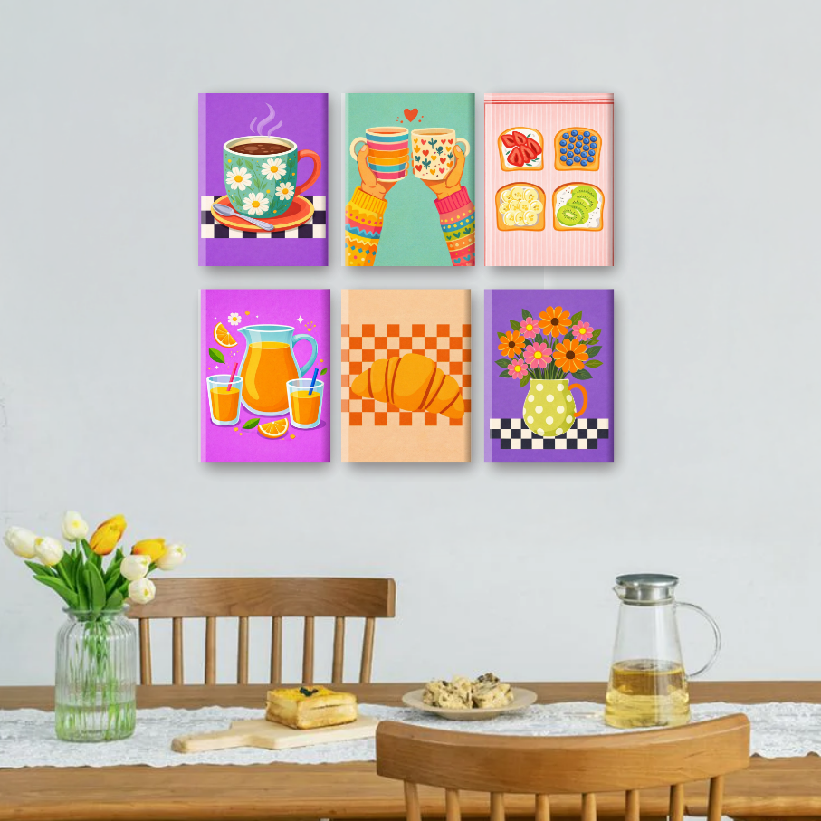 6 Mini Paintings | Colorful Breakfast Set