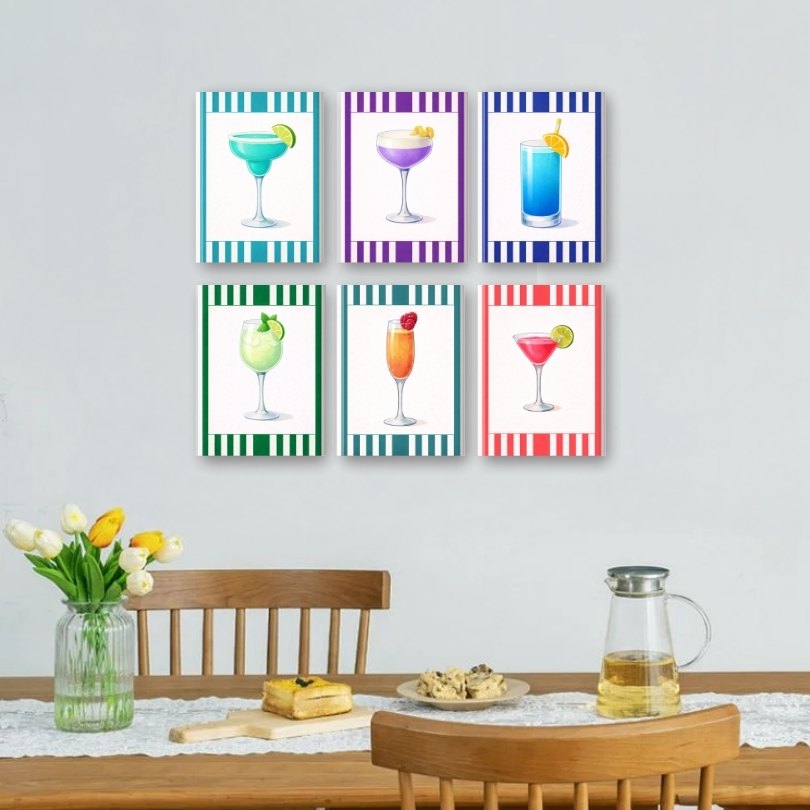 6 Mini Paintings | Colorful Striped Cocktails Set