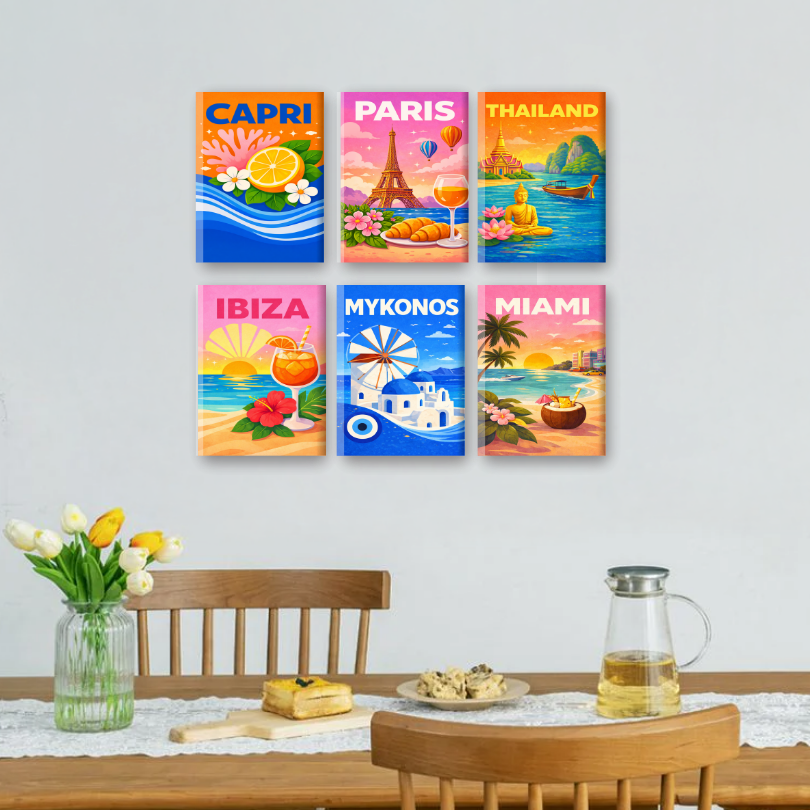 6 Mini Paintings | Colorful Travel Posters Set