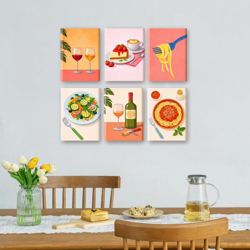 6 Mini Paintings | Dinner & Wine Set