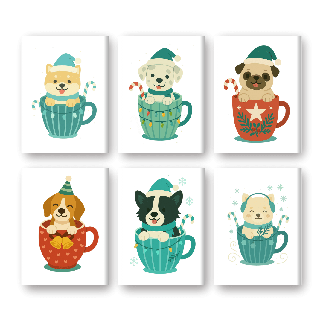 6 Mini Paintings | Dogs in Christmas Cups Set