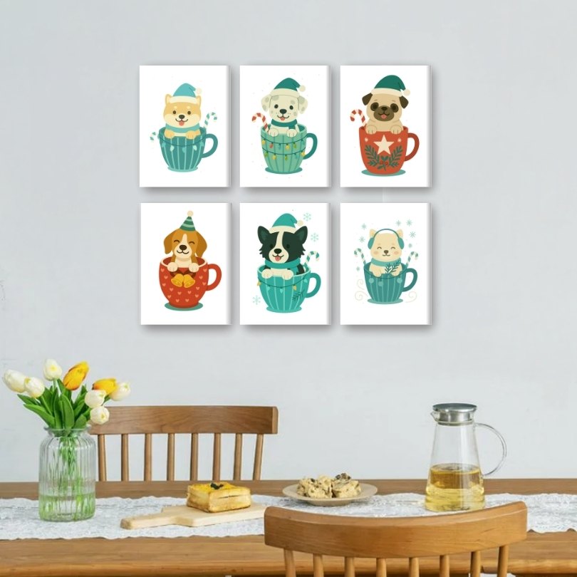 6 Mini Paintings | Dogs in Christmas Cups Set