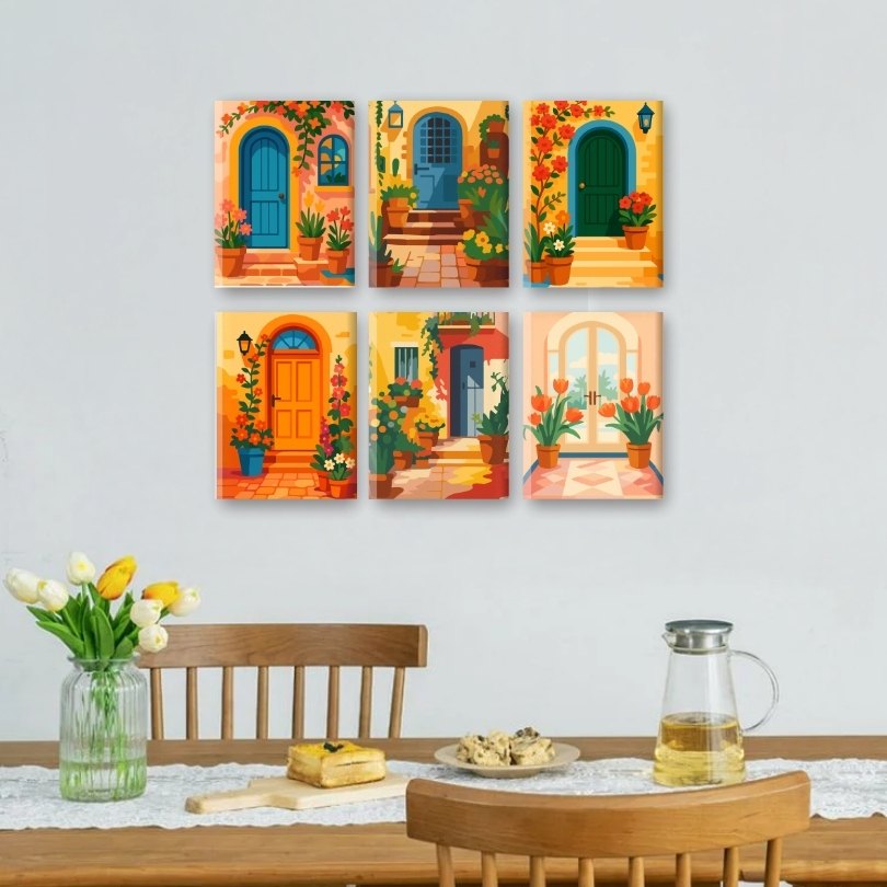 6 Mini Paintings | Flowers & Doors Set