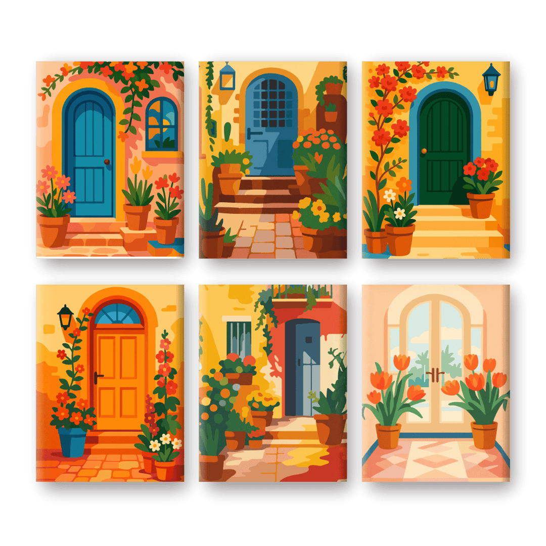 6 Mini Paintings | Flowers & Doors Set