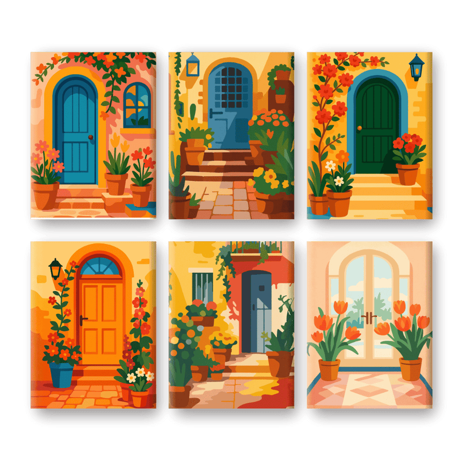6 Mini Paintings | Flowers & Doors Set