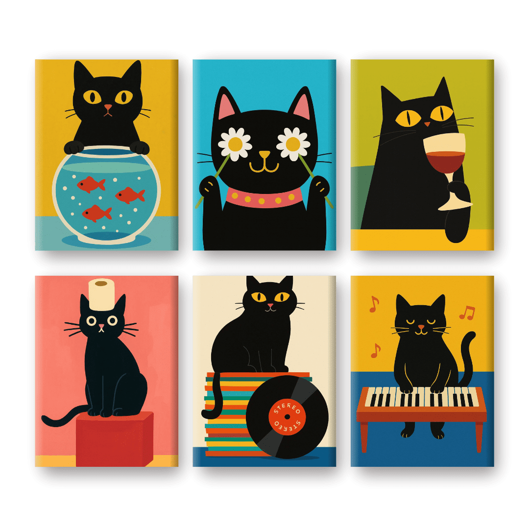 6 Mini Paintings | Funny Black Cat Set
