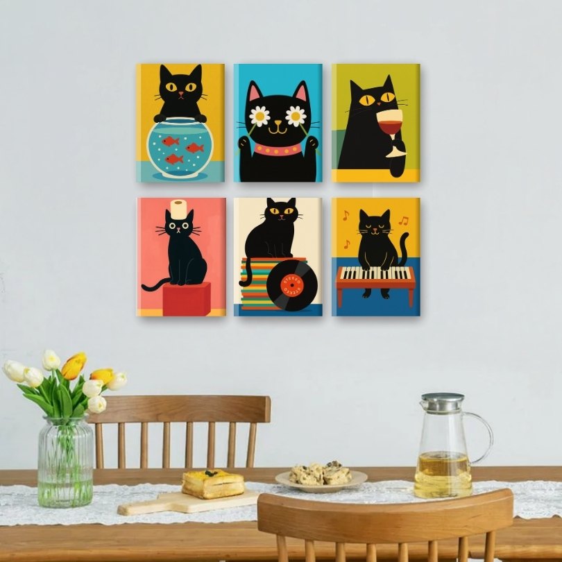 6 Mini Paintings | Funny Black Cat Set