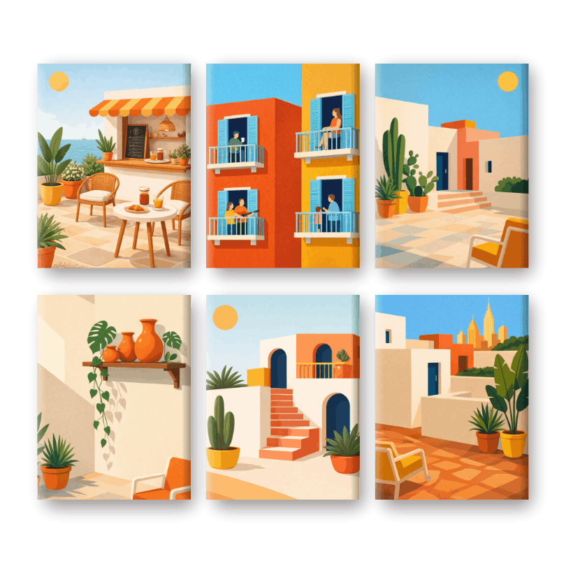 6 Mini Paintings | Mediterranean Village Set