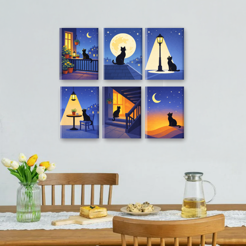 6 Mini Paintings | Midnight Cat Set