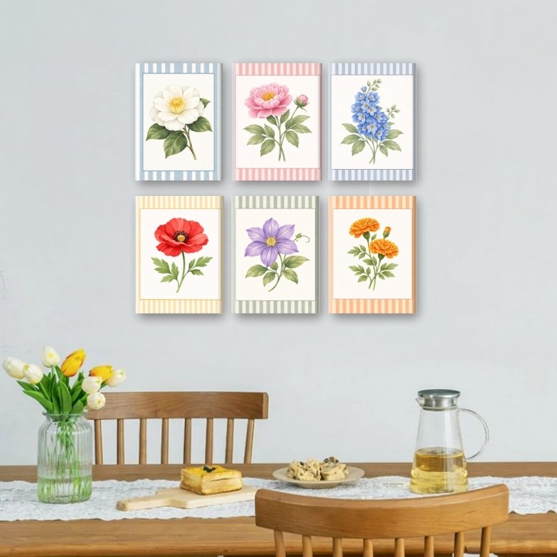 6 Mini Paintings | Striped Flower Set