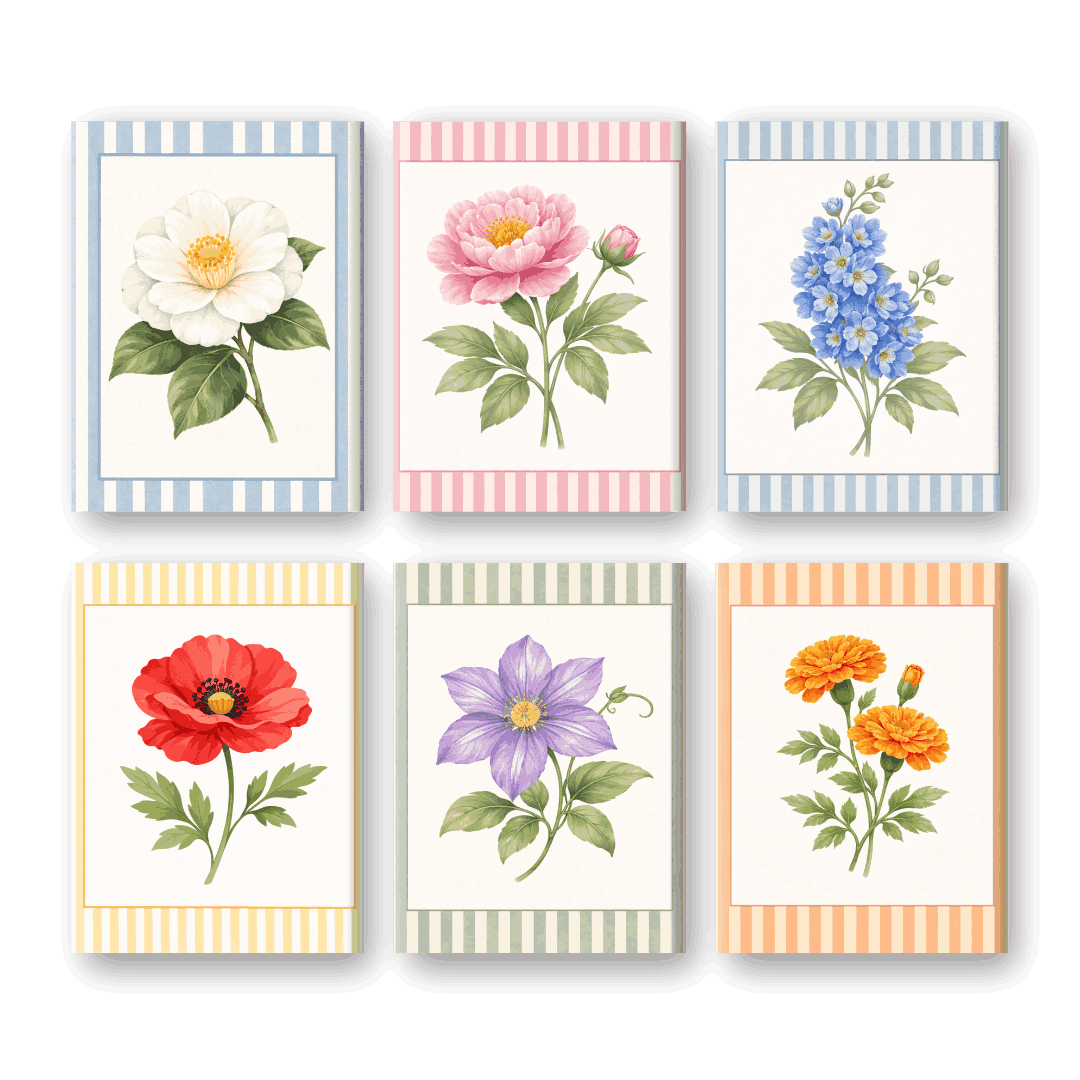 6 Mini Paintings | Striped Flower Set
