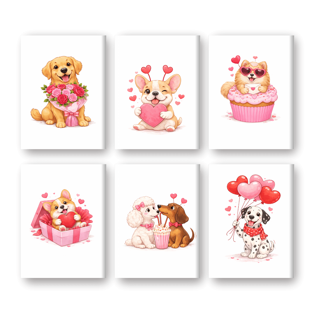 6 Mini Paintings | Valentine Dogs Set