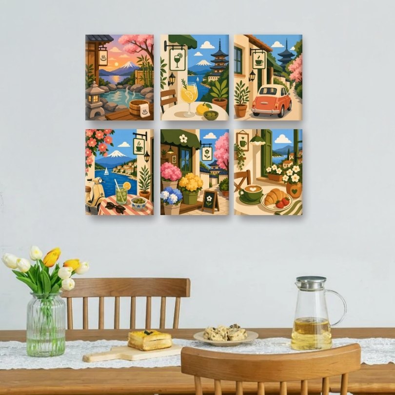 6 Mini Paintings | Japanese Cafes Set