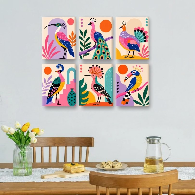 6 Mini Paintings | Folk Art Birds Set
