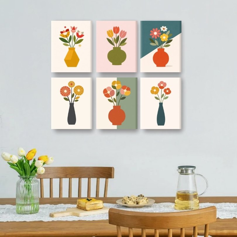 6 Mini Paintings | Elegant Flower Vases Set