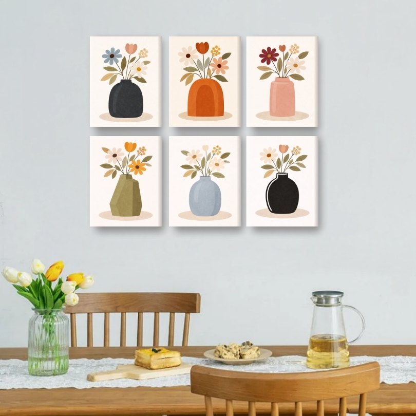 6 Mini Paintings | Colorful Flower Vases Set