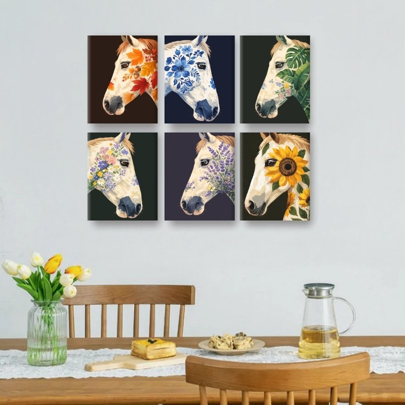 6 Mini Paintings | Flower Horses Set