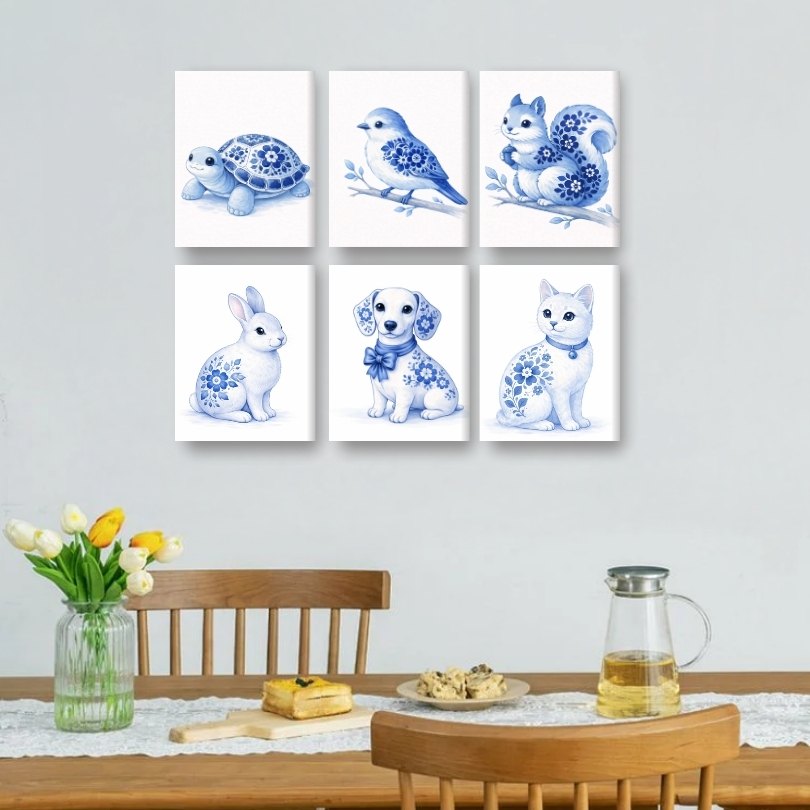6 Mini Paintings | Delft Blue Animals Set