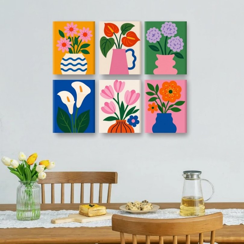 6 Mini Paintings | Modern Bloom Vases Set