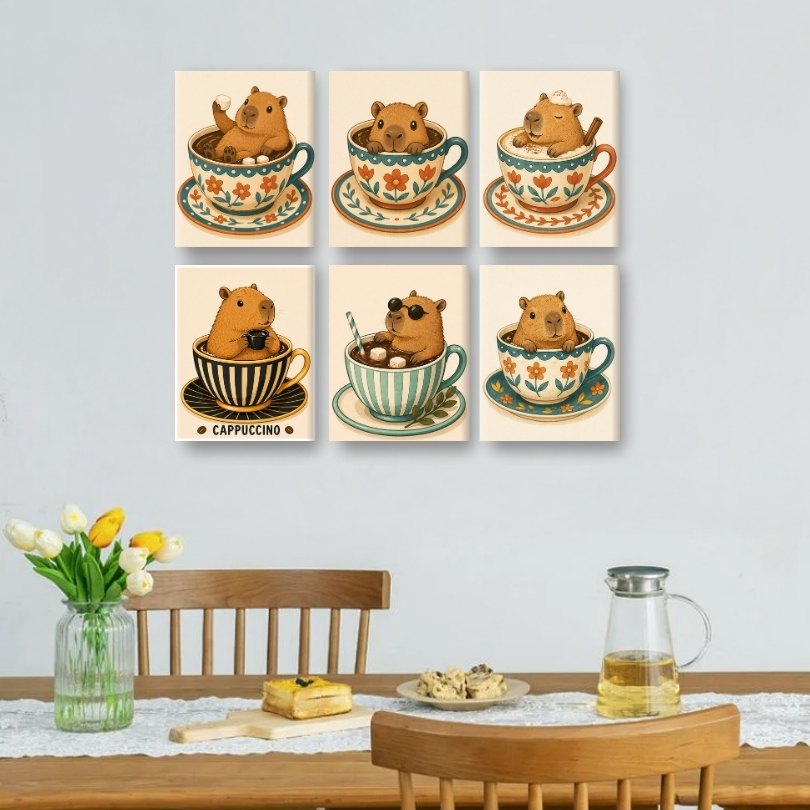 6 Mini Paintings | Capybaras in Cups Set