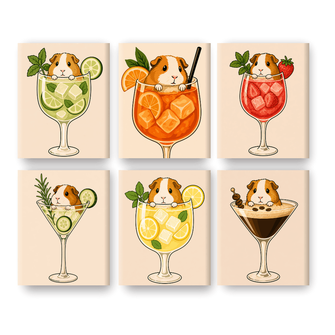 6 Mini Paintings | Guinea Pig in Cocktails Set
