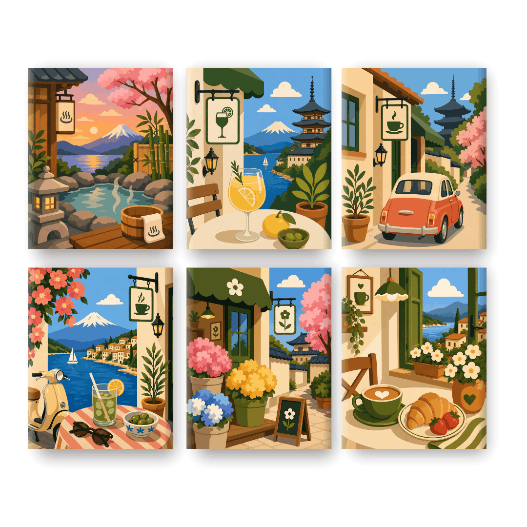 6 Mini Paintings | Japanese Cafes Set