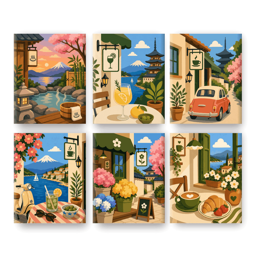 6 Mini Paintings | Japanese Cafes Set