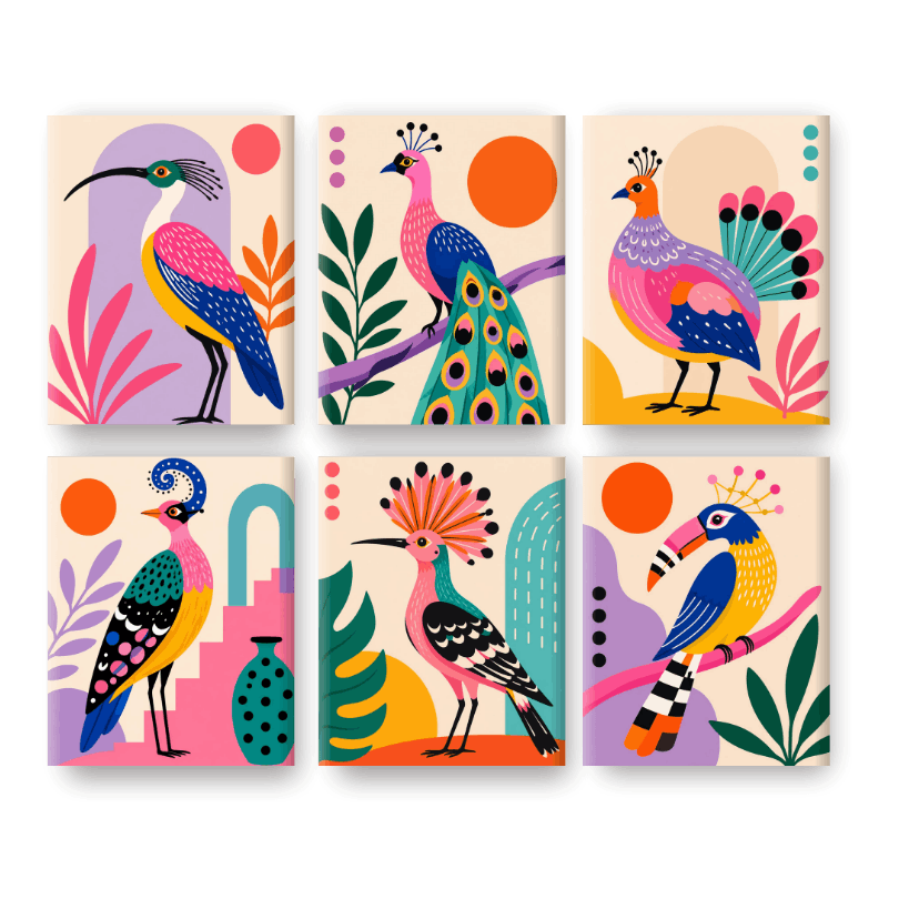 6 Mini Paintings | Folk Art Birds Set