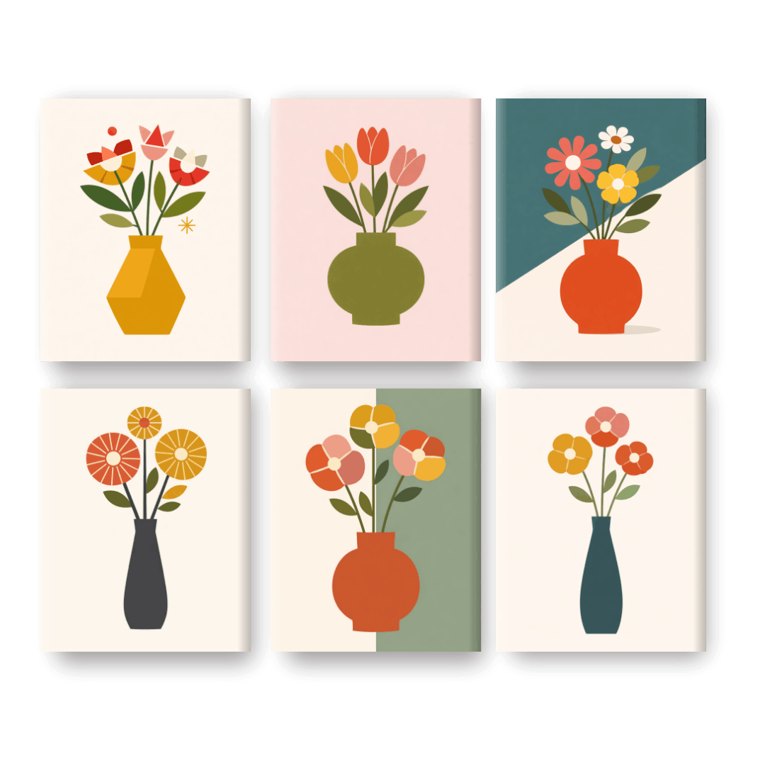 6 Mini Paintings | Elegant Flower Vases Set
