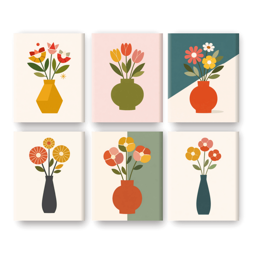6 Mini Paintings | Elegant Flower Vases Set
