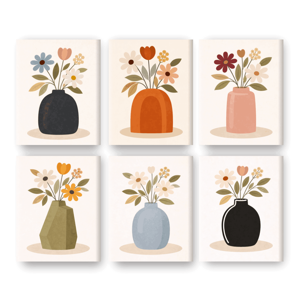 6 Mini Paintings | Colorful Flower Vases Set