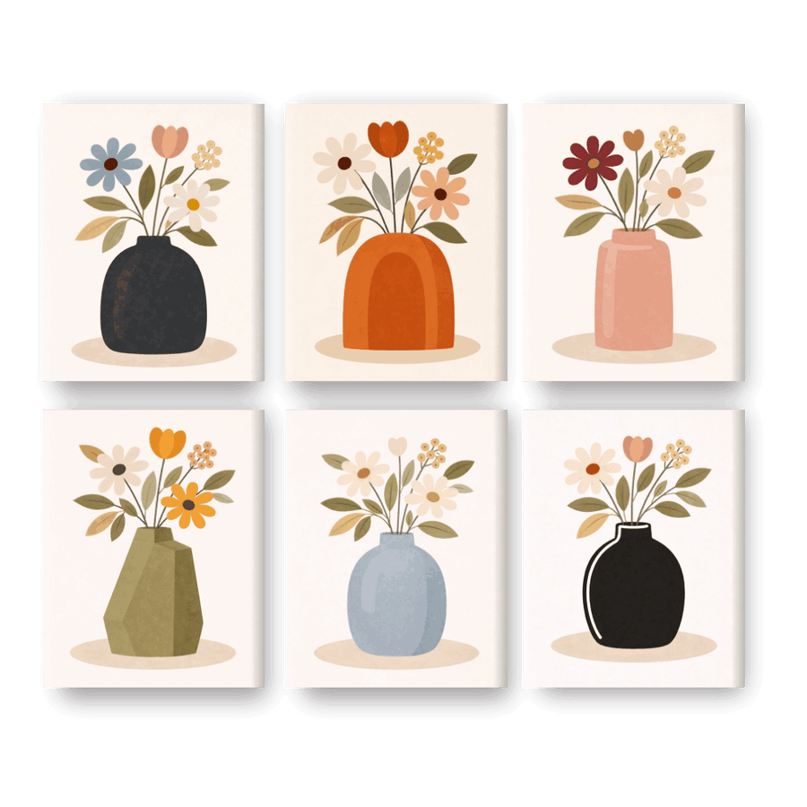 6 Mini Paintings | Colorful Flower Vases Set
