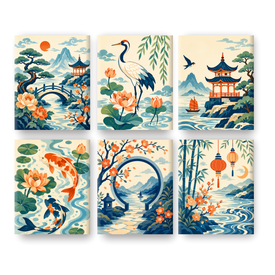 6 Mini Paintings | Chinese Lanterns Set