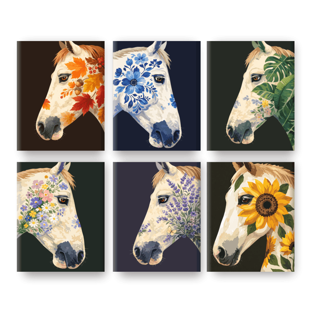 6 Mini Paintings | Flower Horses Set